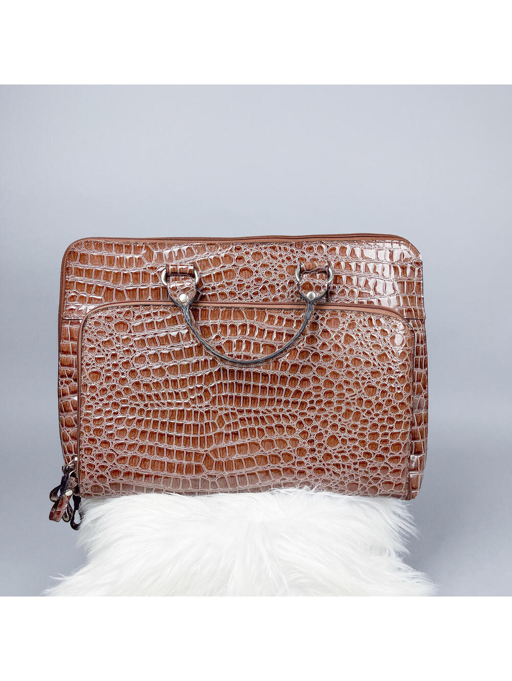 Vintage Briefcase Purse, 70's Brown Faux Croc Embossed Portfolio Bag